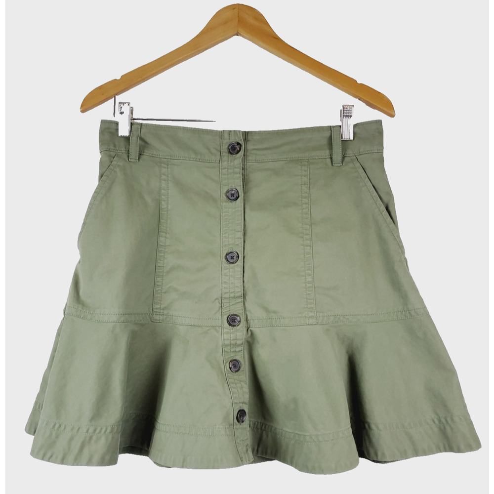 Banana Republic Skirt Womens 10 Petite Medium Olive Green Button Front Tiered